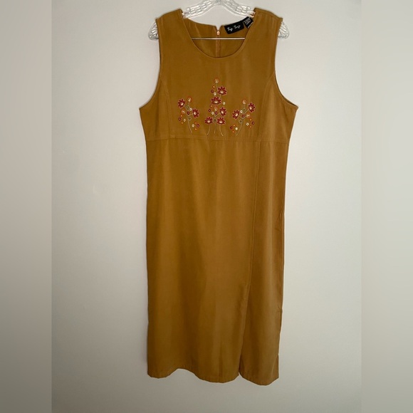 Tip Top Vintage Women's Maxi Dress Embroidered Sleeveless Brown Suede Empire - Picture 1 of 16
